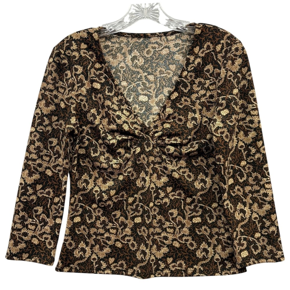 Y2K Ornate Floral Long Sleeve Top Ruched V Neck Brown Boho Romantic Blouse